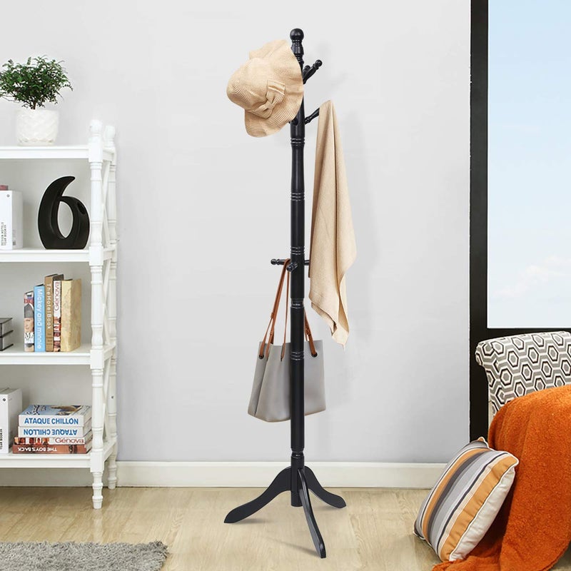 Tangkula Wood Coat Rack Freestanding, Entryway Height Adjustable Coat Stand with 9 Hooks & Stable Tri-Legged Base, Rubber Wood Coat Tree Hall Tree Coat Hanger Stand for Home Office Hall Entryway - Image 2